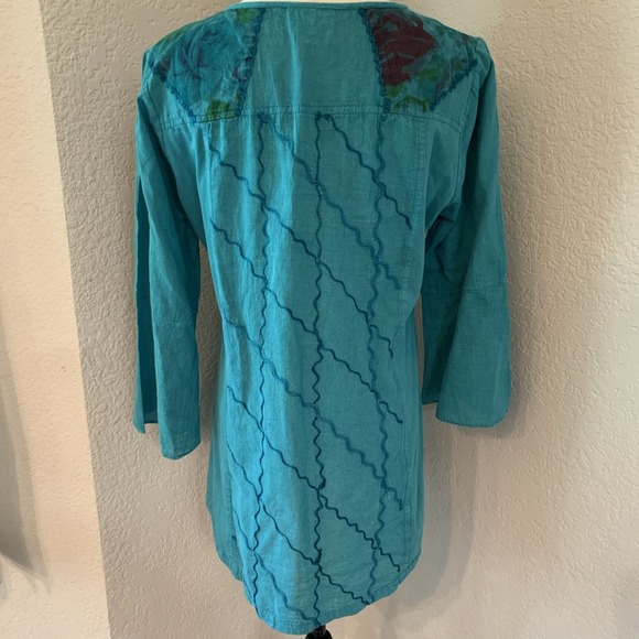 Parsley & Sage Sz M Blue Floral Embroidered Bell Sleeve Art To Wear Lagenlook - Picture 3 of 10